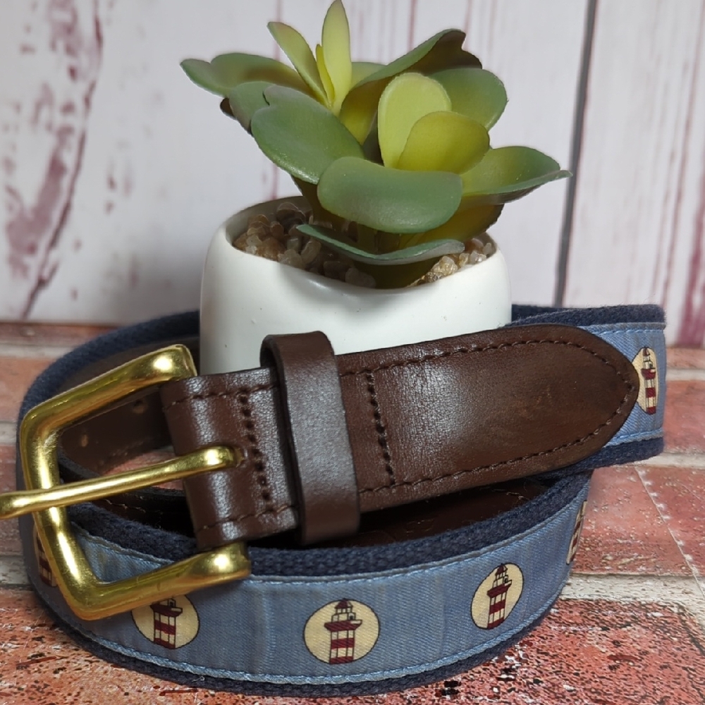 Vineyard Vines Lighthouse Belt Brown Leather and Blue Canvas‎ Size 32 Nautical